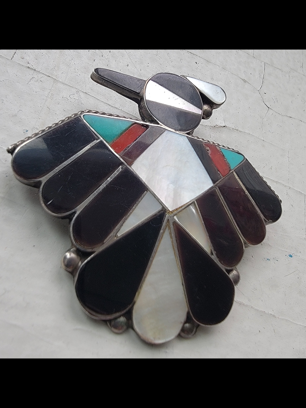 Zuni Thunderbird Inlay Coral Onyx Mother Pearl Silver Pendant Broach Vintage